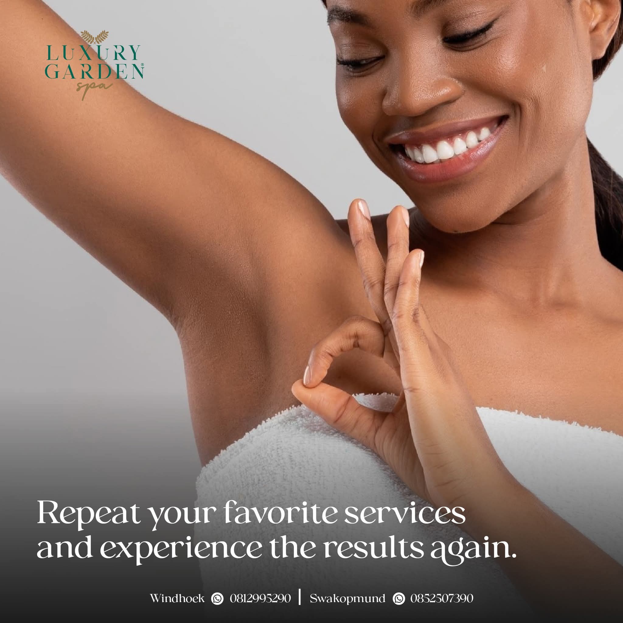 Guest smiling after an underarm waxing treatment